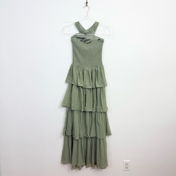Peppermayo Salma Sage Green Smocked Tiered Maxi Dress Halter Size 2 - Picture 4 of 6